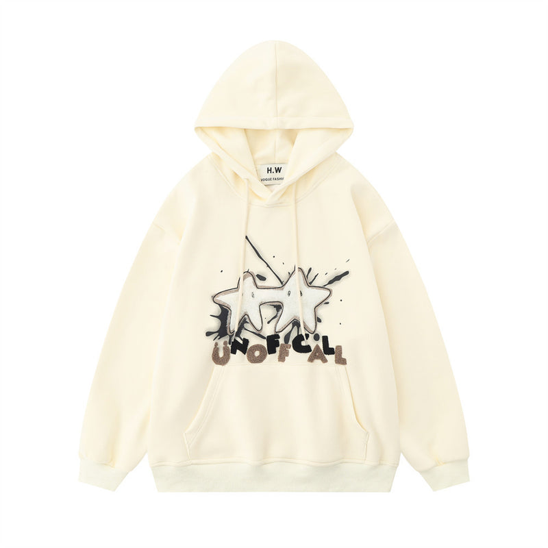 Men Hoodie Flocking Embroidered Five-Pointed Star Hooded Sweater