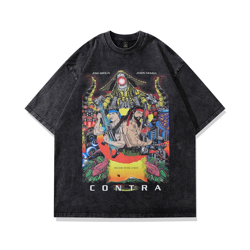 Men T Shirt Vintage Star Print Washed and Worn Short Sleeve T-shirt Men and Women Loose