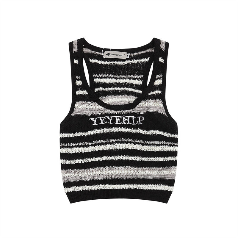 Women Vest Striped Color Matching Knitted Short Vest Summer Letter Vest