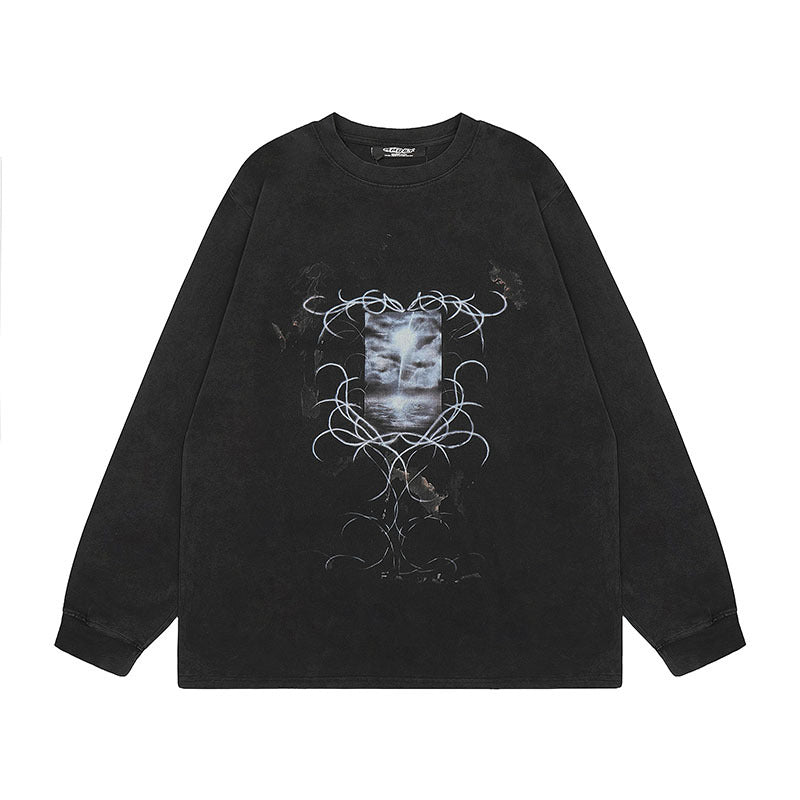 Men Long Sleeve Shirt Printed Washed Bottoming Long Sleeve T-shirt Men and Women Ins