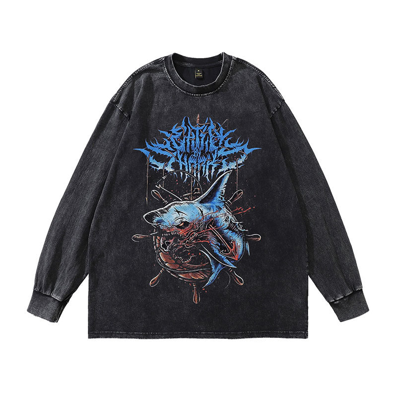 Men Long Sleeve Shirt Washed Long Sleeve Bottoming T-shirt Men and Women Hip Hop Top
