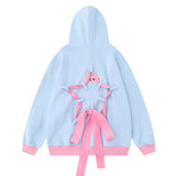 Men Hoodie Two-Way Zipper Hooded Jacket Five-Pointed Star Rope Bow Bandage Sweater