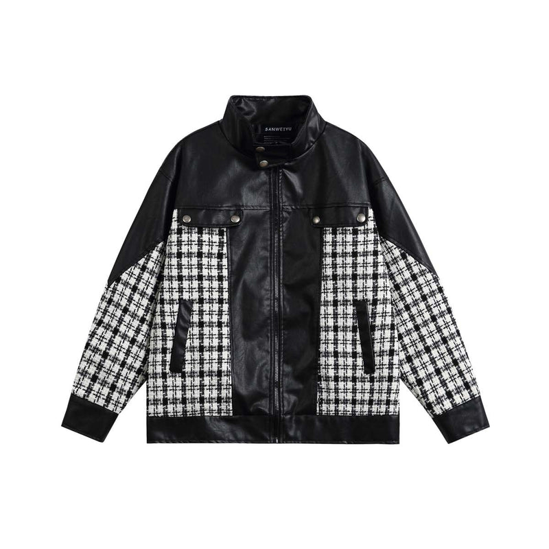 Unisex Jacket Autumn Fashion Plaid Colorblock Leather Coat