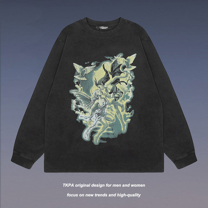 Men Long Sleeve Shirt Rock Print Washed Oversize Long Sleeve Bottoming T-shirt Men and Women Ins
