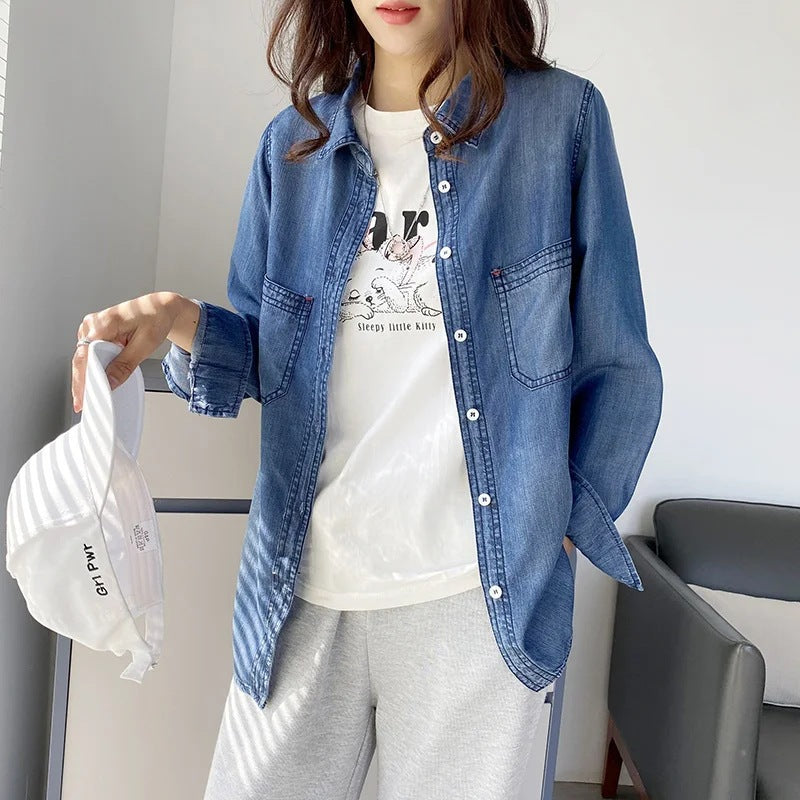 Women T-shirt Denim Shirt Female Loose Casual Long Sleeves