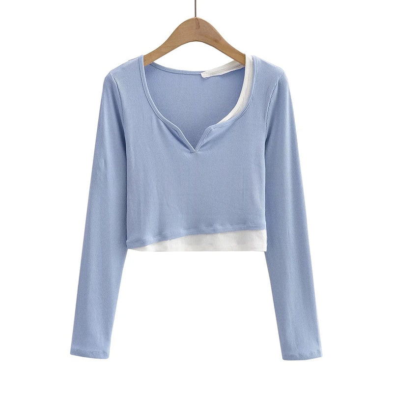 Women T-Shirt Contrast Color Women's Stitching Bottoming Shirt Long Sleeve T-shirt