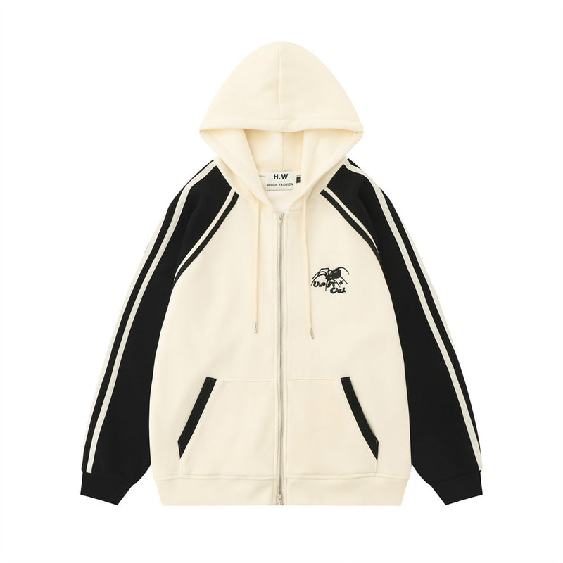 Men Hoodie Raglan Sleeve Colorblock Hood Coat Sports Loose Cardigan Sweater