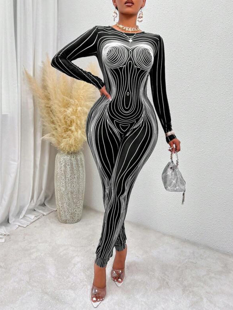 Women Jumpsuit Fashion Printed Slim Fit round Neck Long Sleeves Jumpsuit