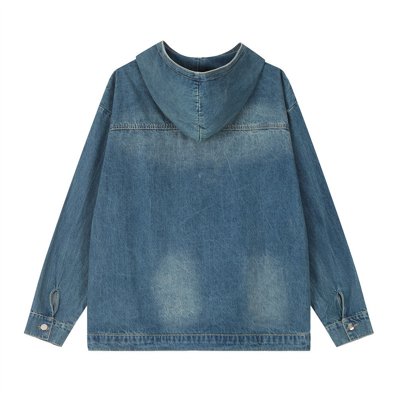 Men Denim Jacket Hooded Denim Hoodie Men's Loose Leisure Washed-out Distressed Pullover Coat Autumn