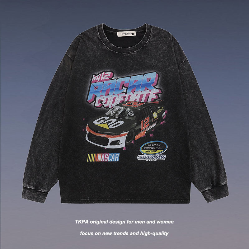Men Long Sleeve Shirt Vintage Printed Washed Distressed Long Sleeve Bottoming T-shirt for Men and Women