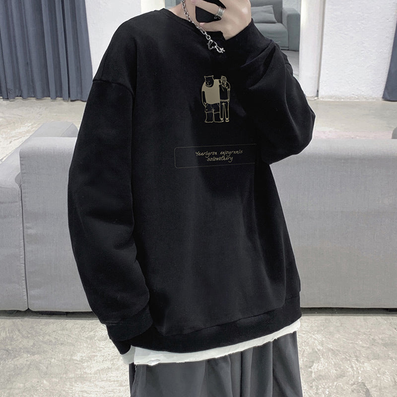 Men Hoodie Sweater Men's Autumn Loose Hong Kong Style round Neck Bottoming Shirt