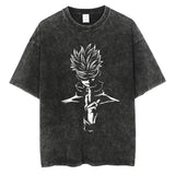 Vintage Black Washed Cotton Tees Shirts Anime Graphic