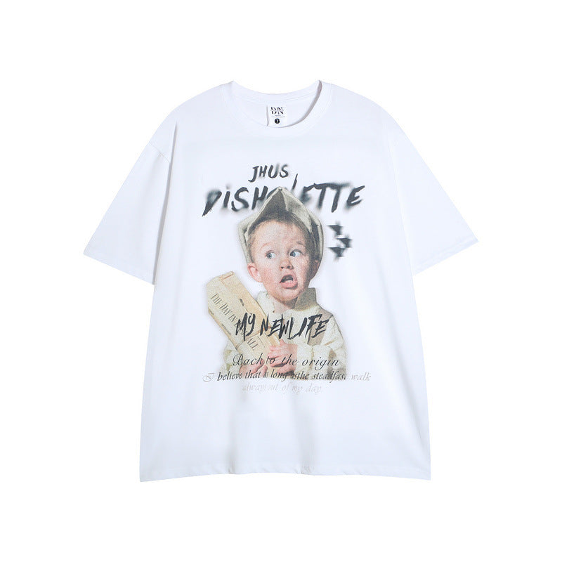 Men T Shirt Hip Hop Portrait Printing Washed Street Style Short Sleeve T-shirt Men and Women