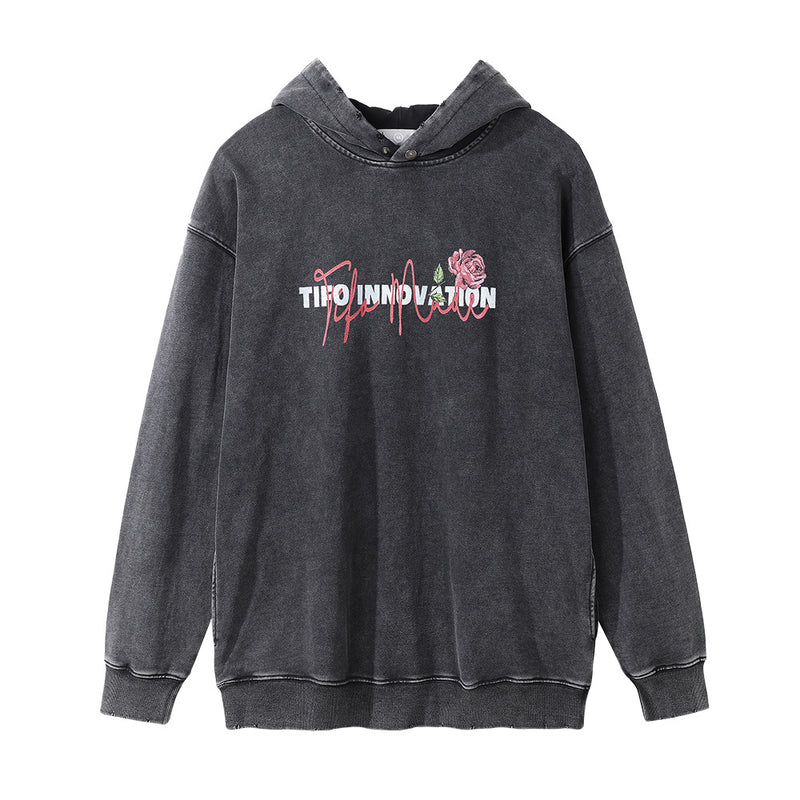 Men Hoodie Rose Printed Hood Sweater Men's Loose Washed-out Distressed Hoodie