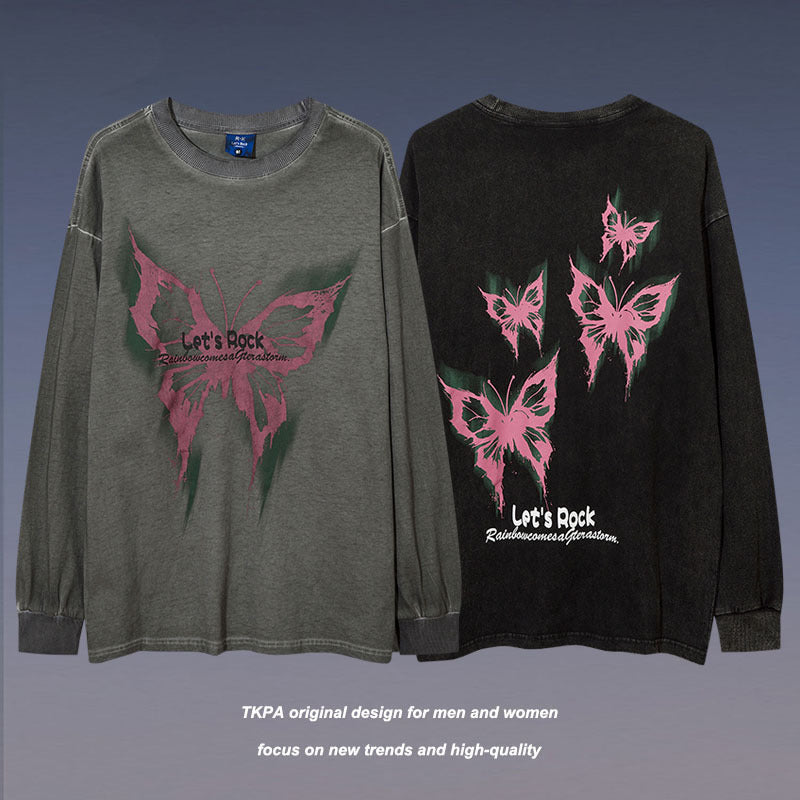 Men Long Sleeve Shirt Butterfly Graffiti Printing Bottoming Long Sleeve T-shirt Male Loose