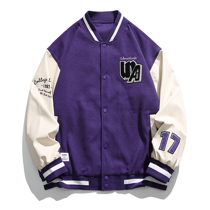 Varsity Jacket Vintage Baseball Uniform Men's Autumn and Winter PU Leather Stitching Embroidery Couple Wear