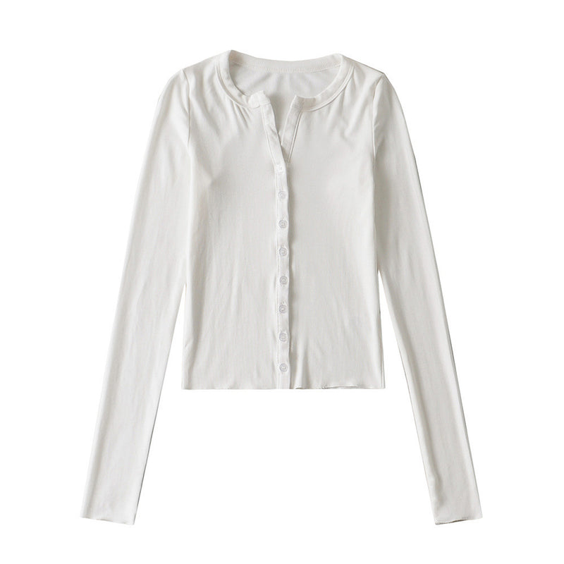 Women T-Shirt Top Women V-neck Single Breasted Long Sleeve Cardigan T-shirt