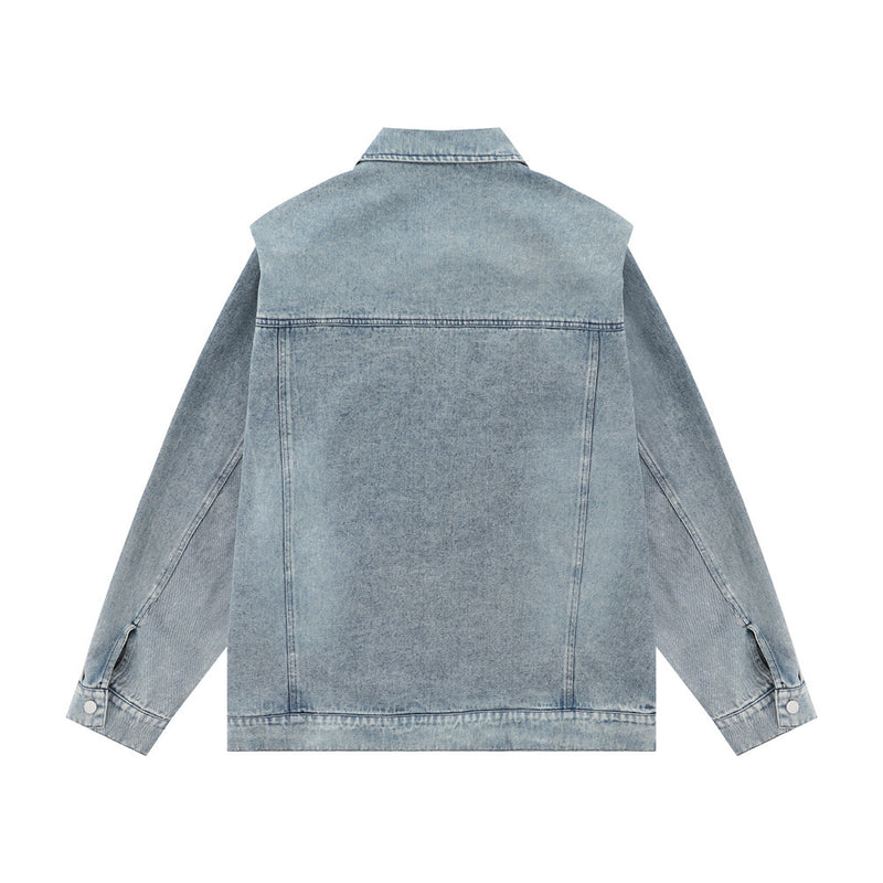 Men Denim Jacket Spring and Autumn Washed Denim Clothes Jacket Stitching Padded Shoulder Denim Jacket