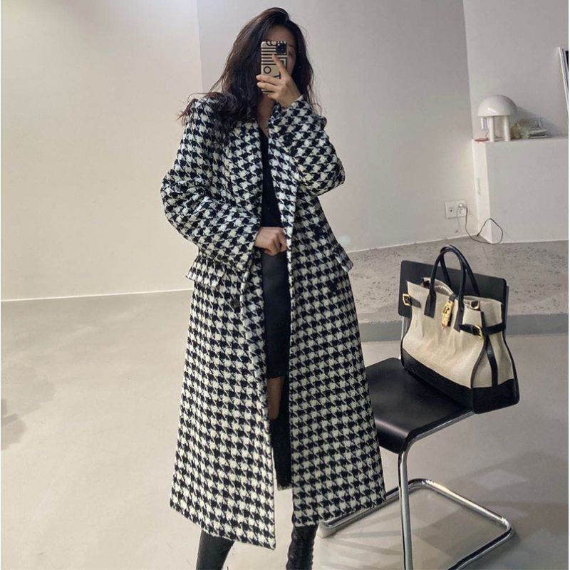 Plaid Trench Coat Autumn Houndstooth Long below the Knee Woolen Coat