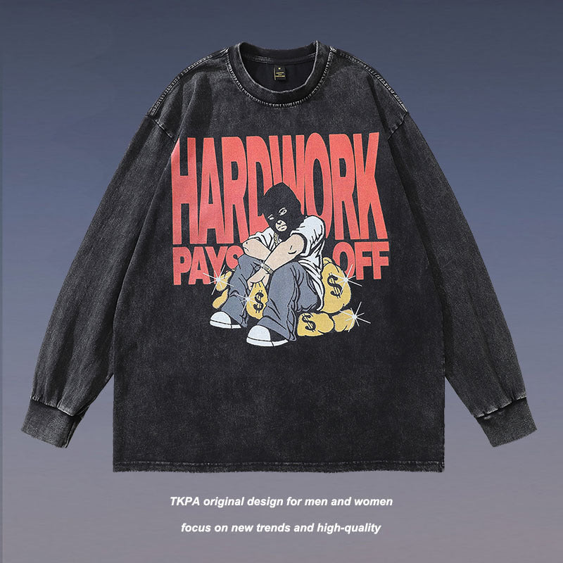 Men Long Sleeve Shirt Vintage West Coast Hiphop Cartoon Distressed Long Sleeve T-shirt Men and Women Washed