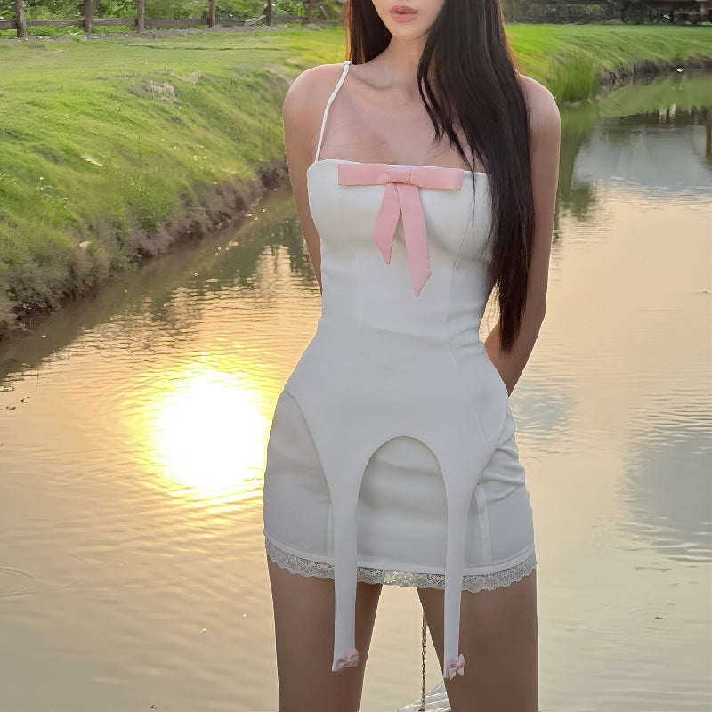 Women Co-Ord Set Summer Sweet Lace Trim Sling Dress Suit
