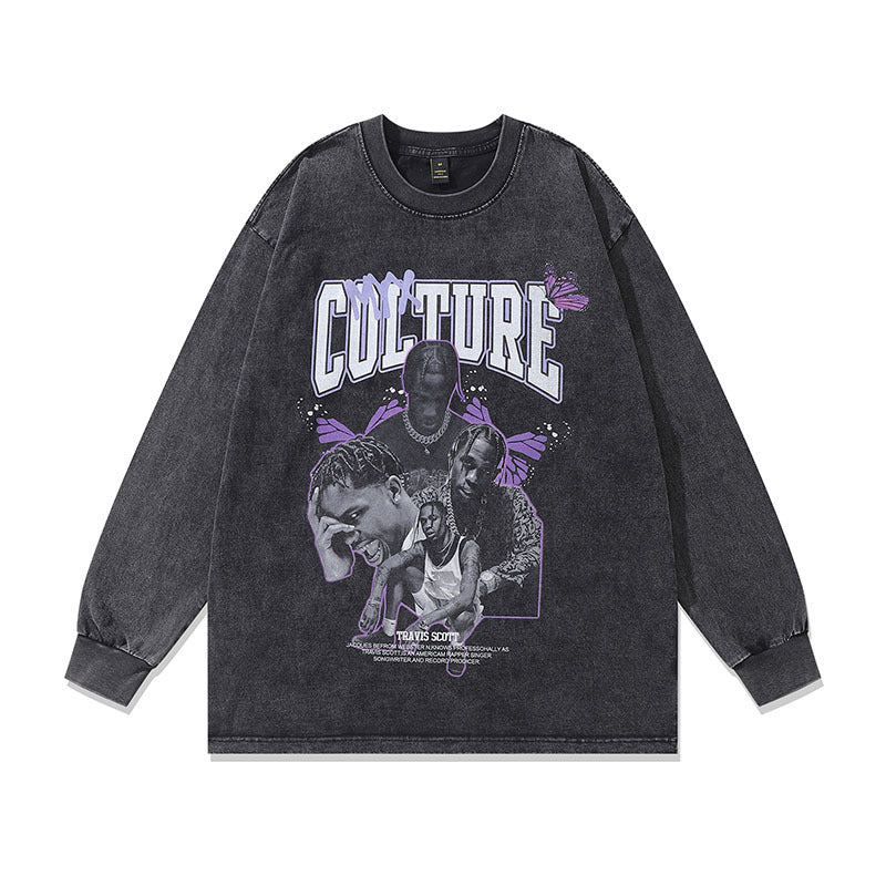 Men Long Sleeve Shirt Vintage Washed and Worn Long Sleeve T-shirt Male and Female Trendy Brand Loose