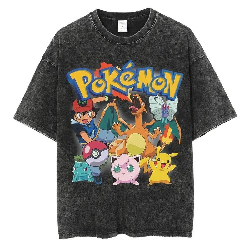 Summer Anime Pokemon Men Washed Streetwear Oversize