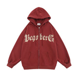 Men Fleece Lined Hoodie Letter Print Hooded Cardigan Sweater Male Loose Zipped Sports Coat