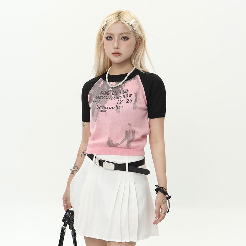 Women Sweater Short-Sleeved Sweater Girls' Letters Short Letters Casual Top