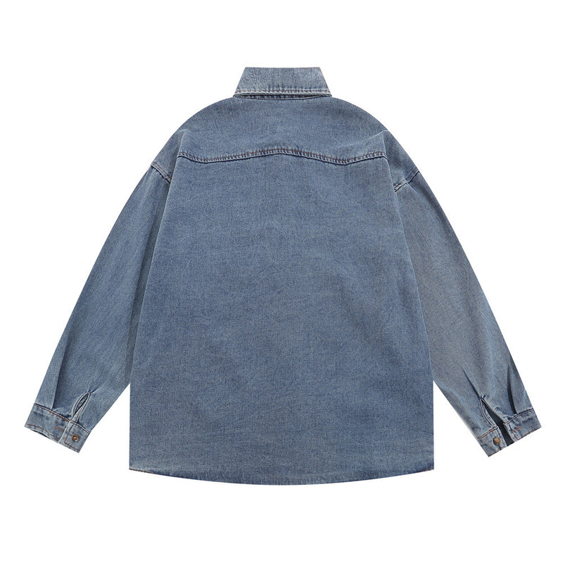 Men Long Sleeved T Shirt Embroidered Mickey Donald Duck Long Sleeve Shirt Men's Ins Trendy Denim Jacket