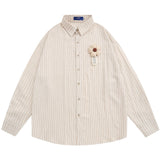 Men Long Sleeved T Shirt Flower Vertical Striped Long Sleeve Shirt Men's Spring and Autumn Loose Shirt Casual