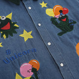 Men Long Sleeve T Shirt Vintage Cartoon Embroidered Denim Long Sleeve Shirt Men's Loose Lapels Shirt
