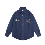 Men Long Sleeved T Shirt Embroidered Denim Long Sleeve Shirt Men Spring and Autumn Wash Water Denim Shirt Coat