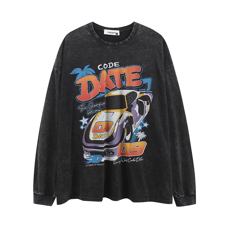 Men Long Sleeve Shirt Printed National Fashion Casual Washed and Worn Long Sleeve T-shirt Men and Women Loose