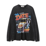 Men Long Sleeve Shirt Vintage Printed Washed Loose Long Sleeve T-shirt Men and Women Couple