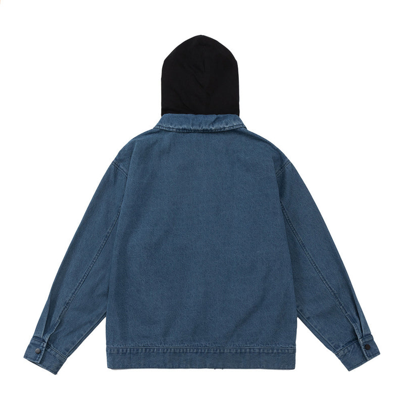Men Denim Jacket Stitching Contrast Color Hooded Denim Coat Men's Clothing Spring and Autumn Embroidery Letters