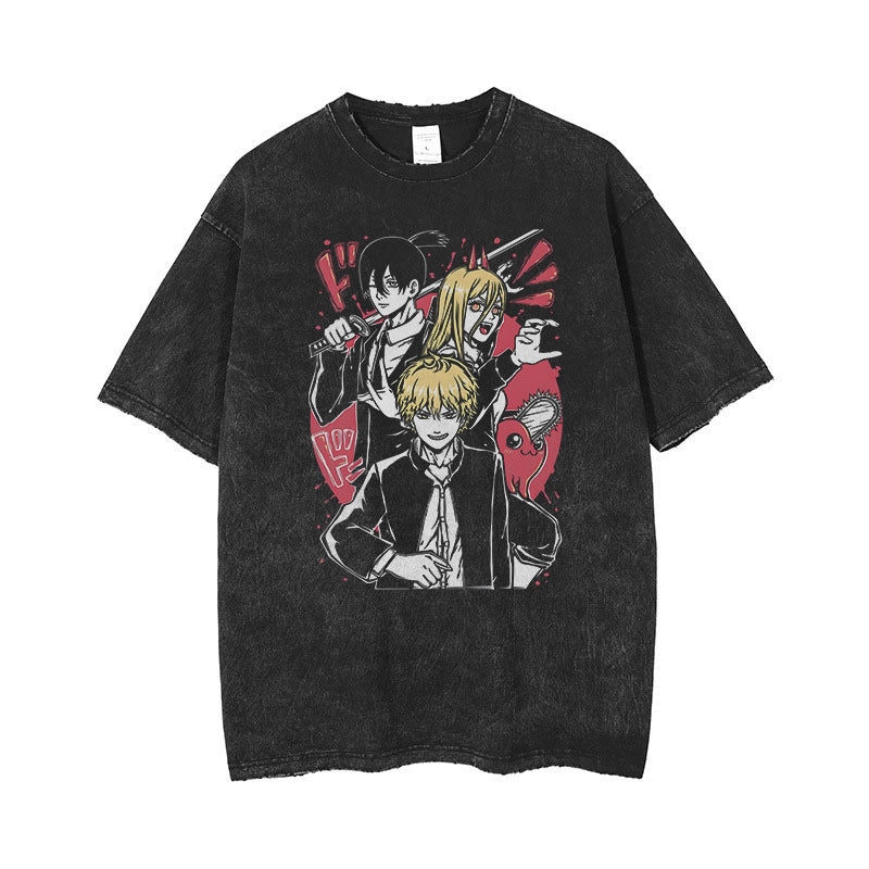 T-shirt retro vintage washed print anime chainsaw