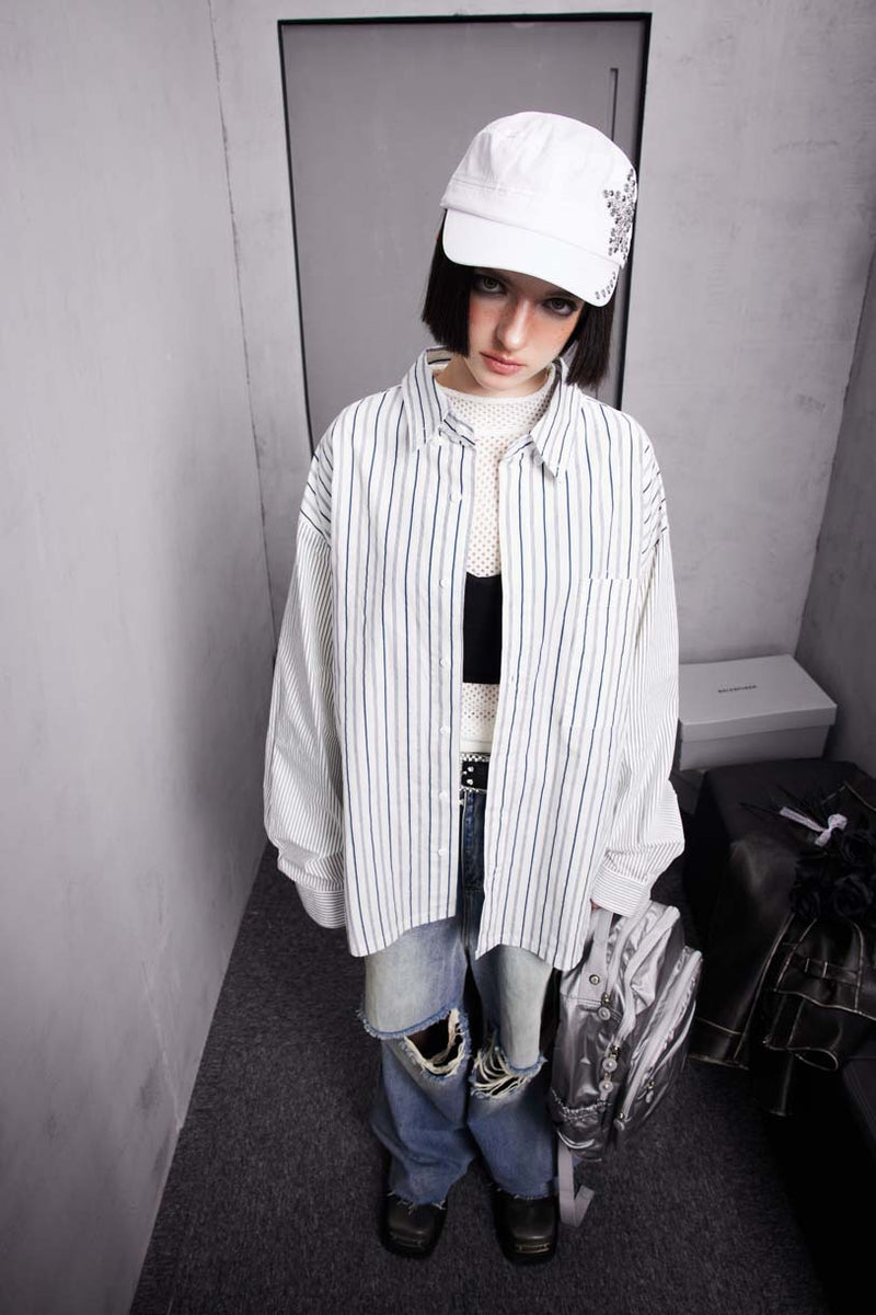 Unisex Jacket Autumn Contrast Color Striped Shirt