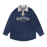 Men Long Sleeve T Shirt Denim Top Drawstring Polo Shirt Men's Spring and Autumn Long Sleeve Denim Shirt