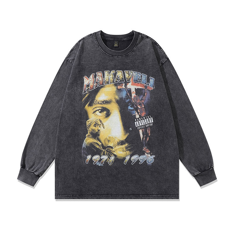 Men Long Sleeve Shirt Printed Long Sleeve T-shirt Men's and Women's Retro Distressed Base