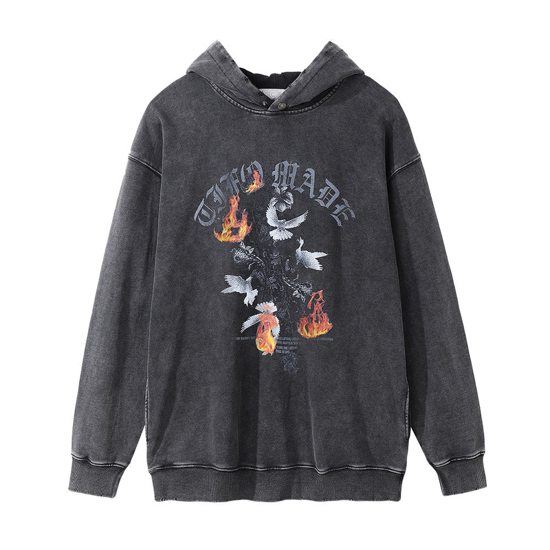 Men Hoodie Peace Dove Printed Washed Distressed Hooded Sweaters Menswear