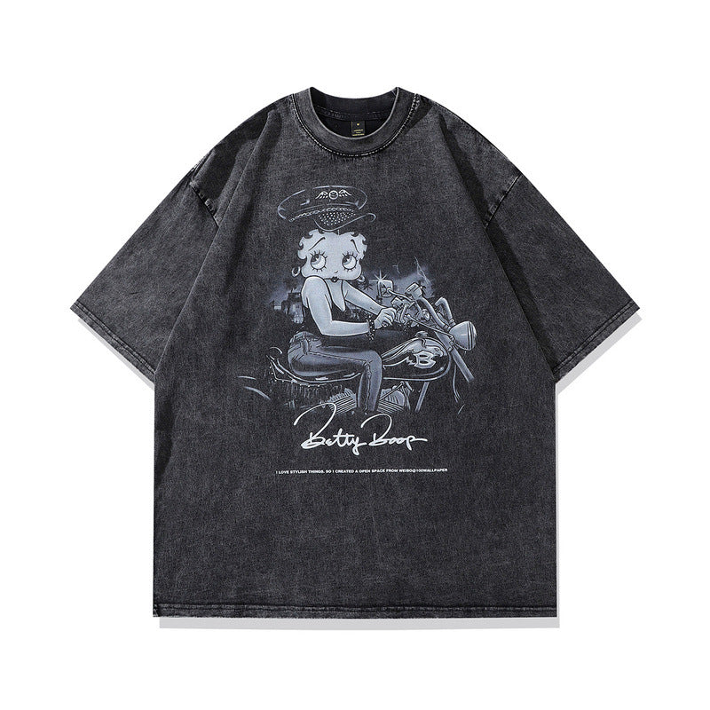 Men T Shirt Vintage Printed Vibe Style Washed Distressed Short Sleeve T-shirt for Men and Women