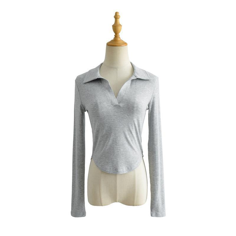 Women T-Shirt Autumn Stretch Threaded Long Sleeve T-shirt Short