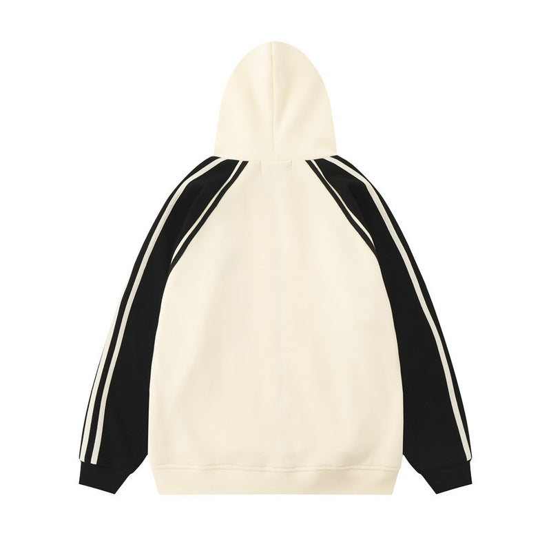 Men Hoodie Raglan Sleeve Colorblock Hood Coat Sports Loose Cardigan Sweater