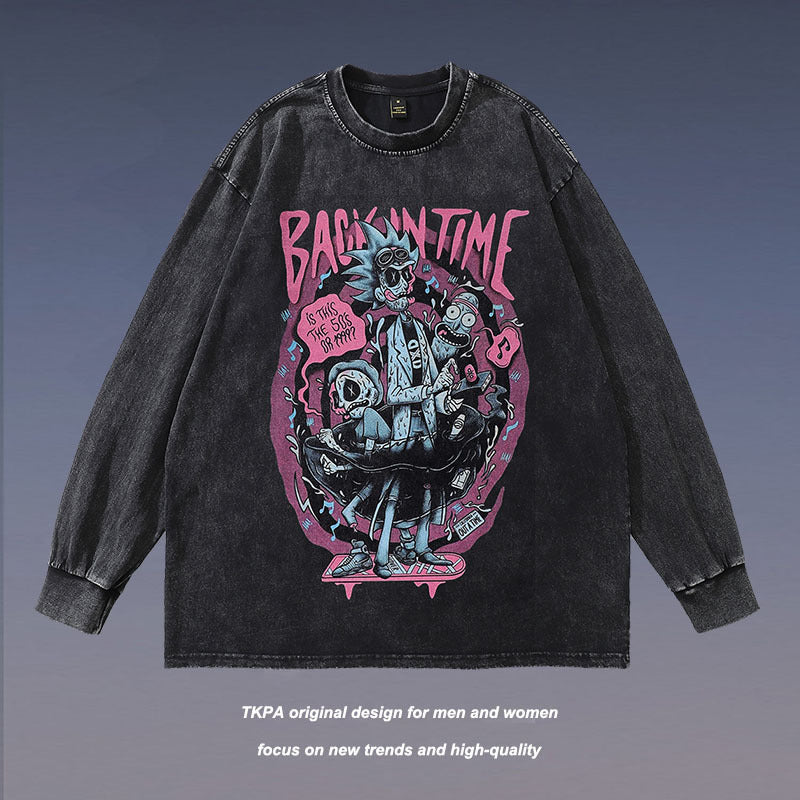 Men Long Sleeve Shirt Cartoon Printed Washed and Worn Long Sleeve T-shirt for Men and Women