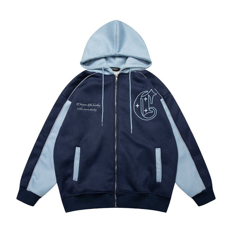 Men Fleece Lined Hoodie Cardigan Sweater Men's Winter Loose Color Contrast Patchwork Embroidered Letters