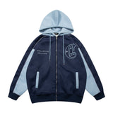 Men Fleece Lined Hoodie Cardigan Sweater Men's Winter Loose Color Contrast Patchwork Embroidered Letters