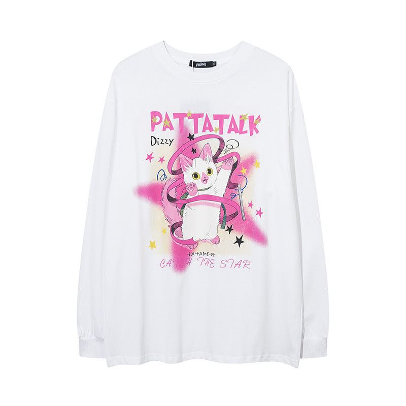 Men Long Sleeve Shirt Fashion Brand Kitten Print Oversize Couple Long Sleeve T-shirt Loose Men and Women