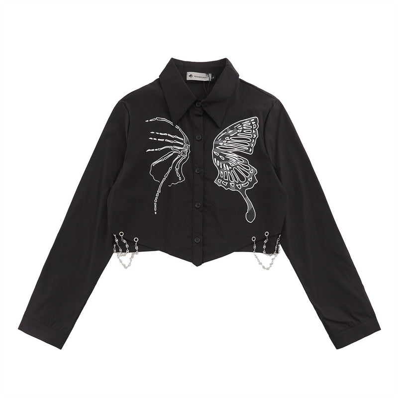 Women Long Sleeve Shirt Butterfly Print Long Sleeve Shirt Women's Loose Autumn Short