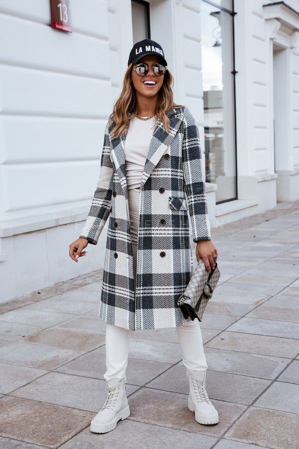 Women Coat Fashion Plaid Woolen Coat